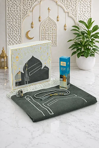 Kabe İşlemeli Lüks Kadife Seccade,Zikirmatik,İnci Tesbih,Makamı İbrahim Parfüm 150 ml - Kutulu Hediye Seti - Beyaz 