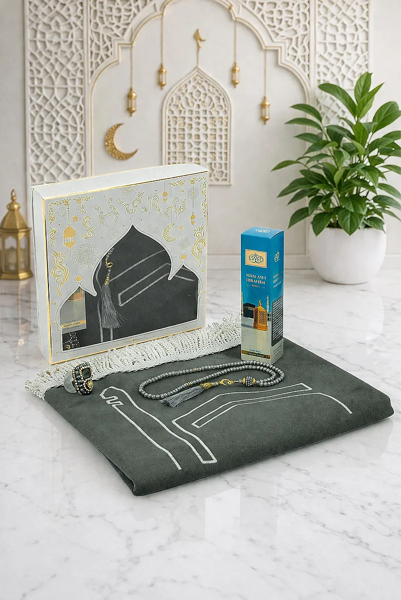 Kabe İşlemeli Lüks Kadife Seccade,Zikirmatik,İnci Tesbih,Makamı İbrahim Parfüm 150 ml - Kutulu Hediye Seti - Beyaz - 1