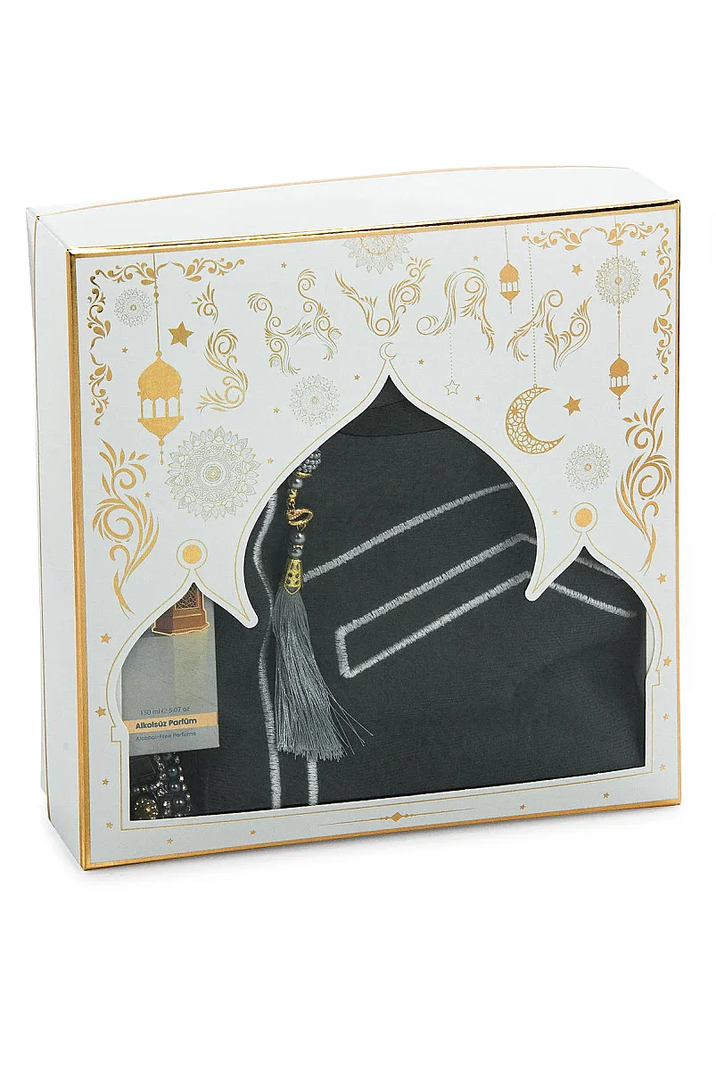 Kabe İşlemeli Lüks Kadife Seccade,Zikirmatik,İnci Tesbih,Makamı İbrahim Parfüm 150 ml - Kutulu Hediye Seti - Beyaz - 3