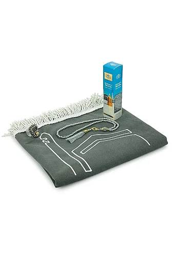 Kabe İşlemeli Lüks Kadife Seccade,Zikirmatik,İnci Tesbih,Makamı İbrahim Parfüm 150 ml - Kutulu Hediye Seti - Beyaz - 5