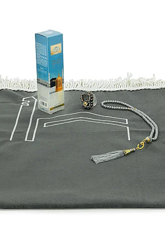 Kabe İşlemeli Lüks Kadife Seccade,Zikirmatik,İnci Tesbih,Makamı İbrahim Parfüm 150 ml - Kutulu Hediye Seti - Beyaz - 6
