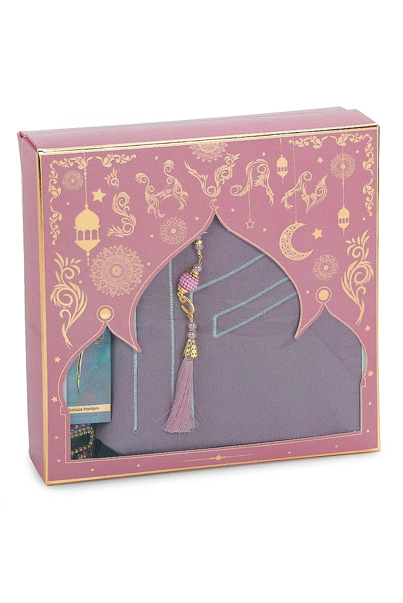 Anneler Gününe Özel - Kabe İşlemeli Lüks Kadife Seccade,Zikirmatik,İnci Tesbih,Medine Gülü Parfüm 150 ml - Kutulu Hediye Seti - Pembe - 2