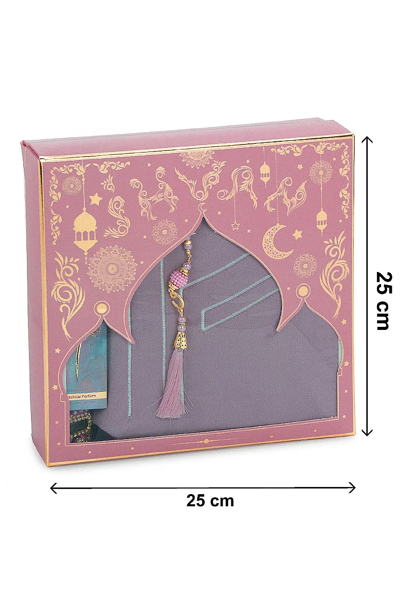 Anneler Gününe Özel - Kabe İşlemeli Lüks Kadife Seccade,Zikirmatik,İnci Tesbih,Medine Gülü Parfüm 150 ml - Kutulu Hediye Seti - Pembe - 3