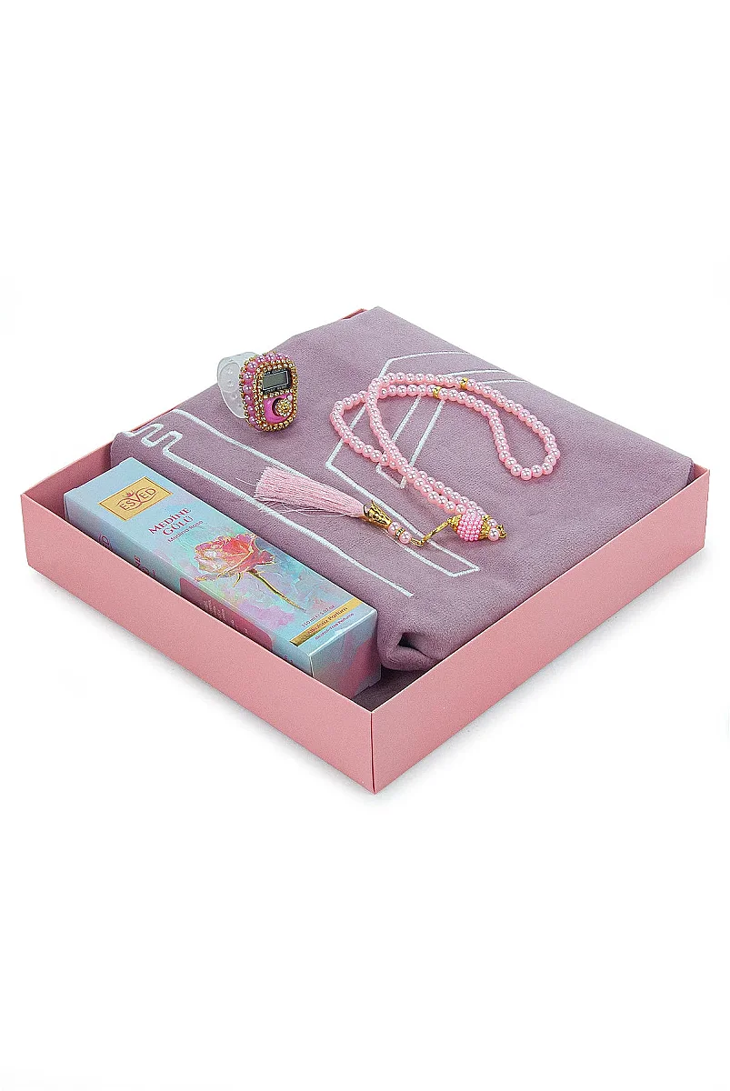 Anneler Gününe Özel - Kabe İşlemeli Lüks Kadife Seccade,Zikirmatik,İnci Tesbih,Medine Gülü Parfüm 150 ml - Kutulu Hediye Seti - Pembe - 4