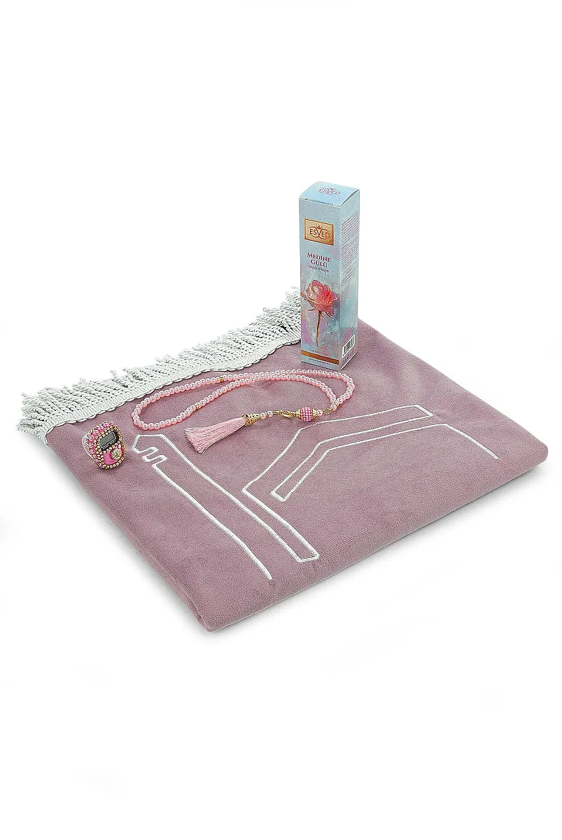 Anneler Gününe Özel - Kabe İşlemeli Lüks Kadife Seccade,Zikirmatik,İnci Tesbih,Medine Gülü Parfüm 150 ml - Kutulu Hediye Seti - Pembe - 5