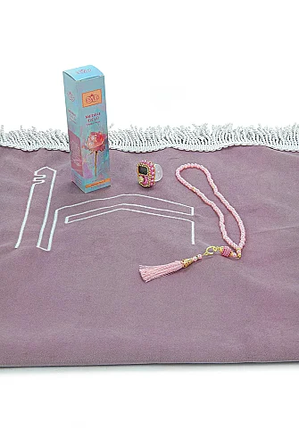 Anneler Gününe Özel - Kabe İşlemeli Lüks Kadife Seccade,Zikirmatik,İnci Tesbih,Medine Gülü Parfüm 150 ml - Kutulu Hediye Seti - Pembe - 6