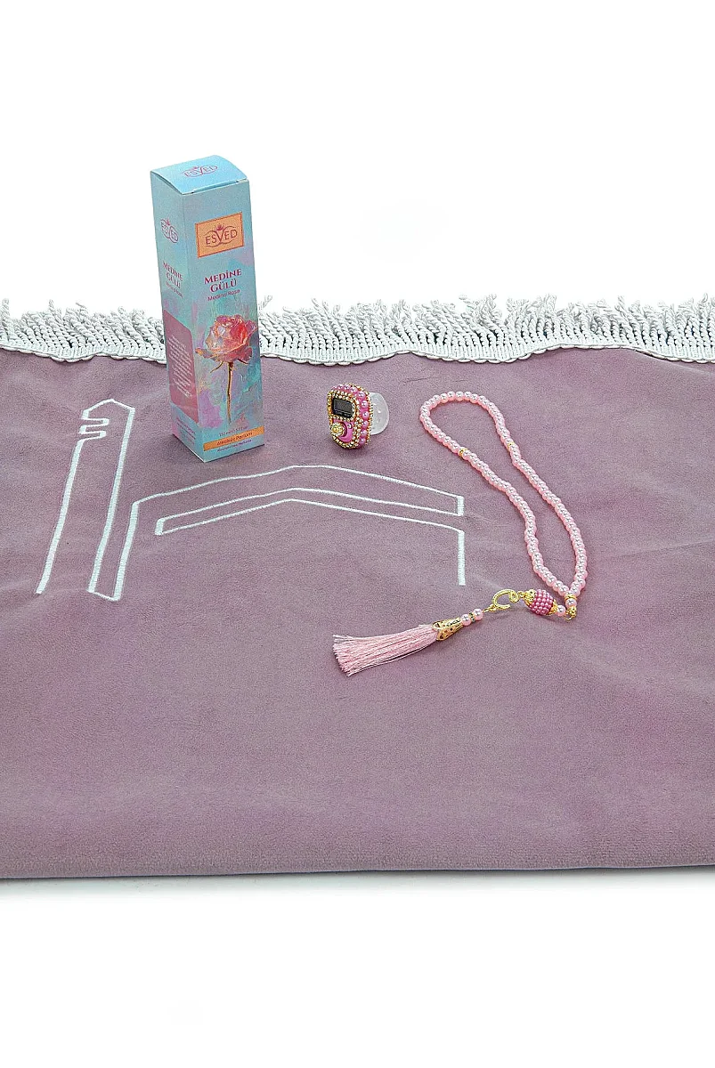Anneler Gününe Özel - Kabe İşlemeli Lüks Kadife Seccade,Zikirmatik,İnci Tesbih,Medine Gülü Parfüm 150 ml - Kutulu Hediye Seti - Pembe - 6