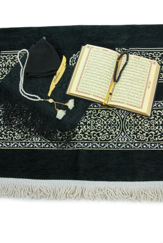 Kabe Maketli Medine Hatlı Kuranı Kerim, Tesbih, Şal ve Seccade Hediyelik Set - Siyah - 4
