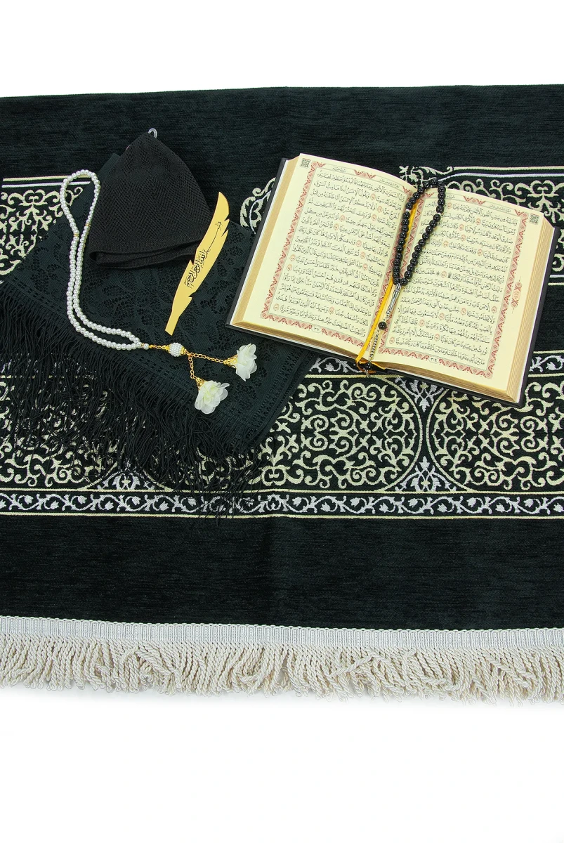 Kabe Maketli Medine Hatlı Kuranı Kerim, Tesbih, Şal ve Seccade Hediyelik Set - Siyah - 4