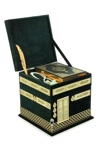 Kabe Maketli Medine Hatlı Kuranı Kerim, Tesbih, Şal ve Seccade Hediyelik Set - Siyah - 2