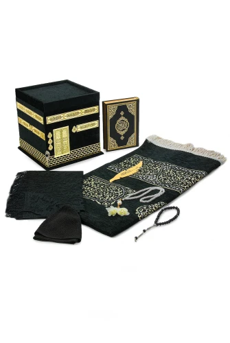 Kabe Maketli Medine Hatlı Kuranı Kerim, Tesbih, Şal ve Seccade Hediyelik Set - Siyah - 3
