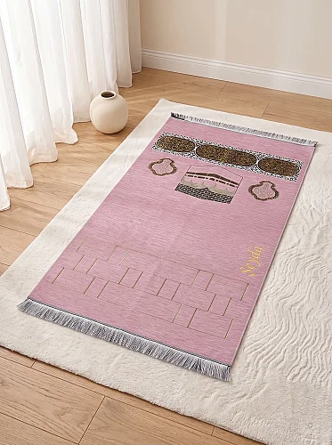 Kabe Motifli Şönil Nakış İşlemeli İsimli Seccade - Pembe - ihvanonline (1)