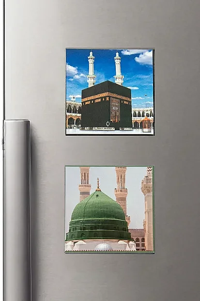 Kabe ve Ravza Temalı Magnet 2’li Set – Umre Hediyelik Buzdolabı Magneti 6.5x6.5 cm - 1