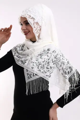 Kabe Desenli Özel Kutulu Mevlüt Hediye Seti - Tül Şal - İnci Tesbih - Yasin Kitabı Krem - 3