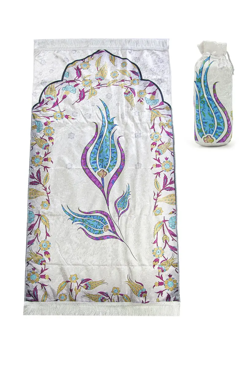 Kadife İpek Dokulu Keseli Ebruli Lale Desenli Seccade - 62x110 cm, Pratik ve Taşınabilir - Mavi - 1