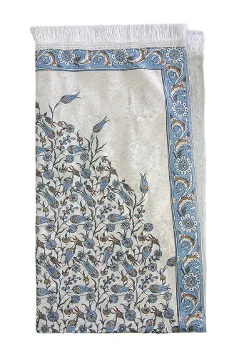 Kadife İpek Dokulu Keseli Lale İşlemeli Seccade - 62x110 cm, Pratik ve Taşınabilir - Mavi - 4