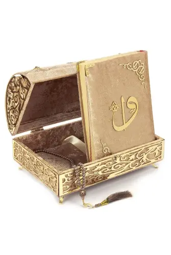 Kadife Kaplı Define Sandıklı Kuranı Kerim Seti Altın Rengi 