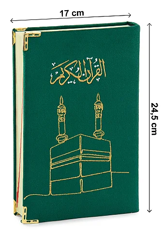 Kadife Kaplı Kabe Desenli Nakışlı Kuranı Kerim - Orta Boy - Yeşil - ihvanonline (1)