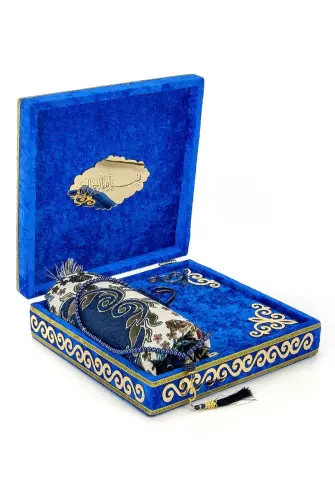 Kadife Kaplı Sandıklı Seccadeli Kuranı Kerim Seti Lacivert - ihvanonline (1)