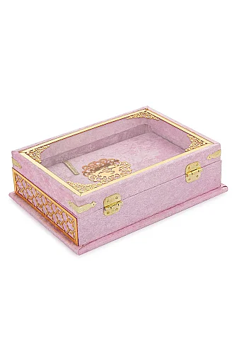 Kadife Kaplı - Şeffaf Lüks Sandıklı Kuranı Kerim - Hediyelik - Pembe - 4