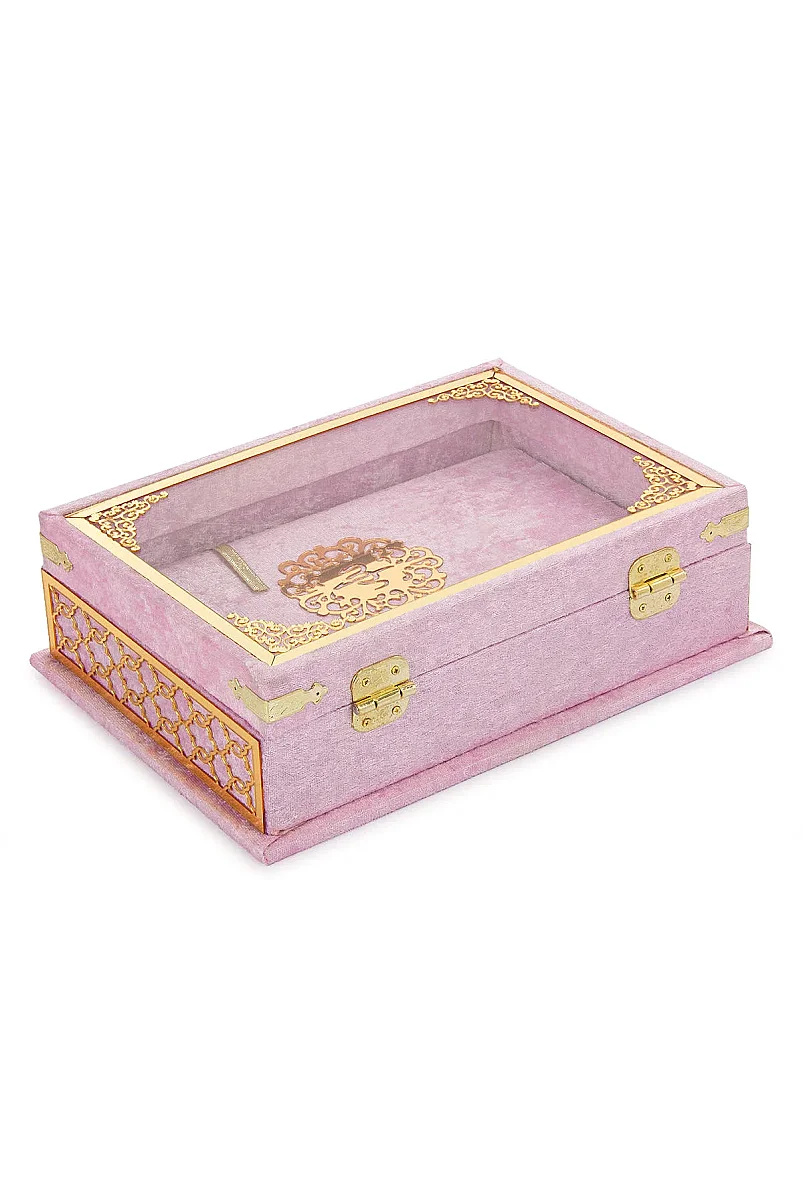 Kadife Kaplı - Şeffaf Lüks Sandıklı Kuranı Kerim - Hediyelik - Pembe - 4