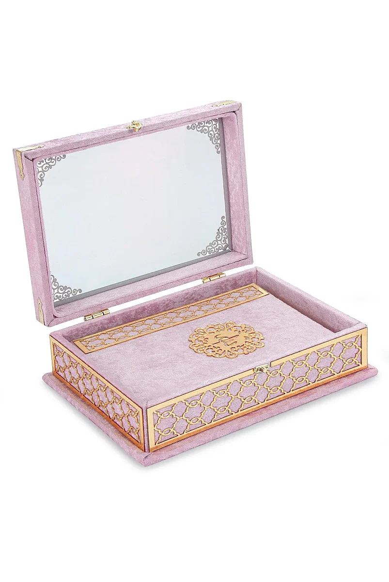 Kadife Kaplı - Şeffaf Lüks Sandıklı Kuranı Kerim - Hediyelik - Pembe - 3