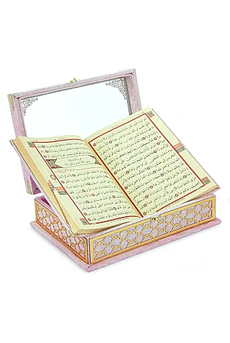 Kadife Kaplı - Şeffaf Lüks Sandıklı Kuranı Kerim - Hediyelik - Pembe - 7