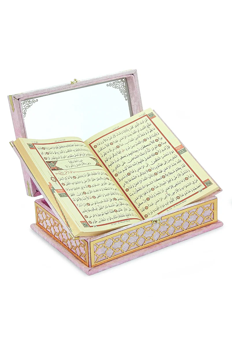 Kadife Kaplı - Şeffaf Lüks Sandıklı Kuranı Kerim - Hediyelik - Pembe - 7