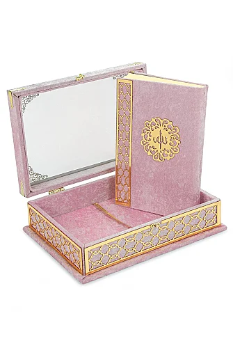 Kadife Kaplı - Şeffaf Lüks Sandıklı Kuranı Kerim - Hediyelik - Pembe - 5