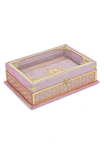 Kadife Kaplı - Şeffaf Lüks Sandıklı Kuranı Kerim - Hediyelik - Pembe - 10