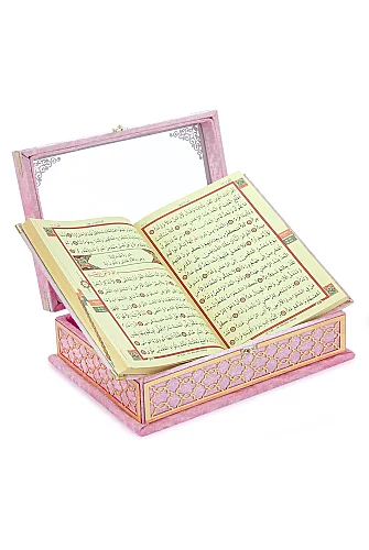 Kadife Kaplı - Şeffaf Lüks Sandıklı Kuranı Kerim - Hediyelik - Pembe - 4