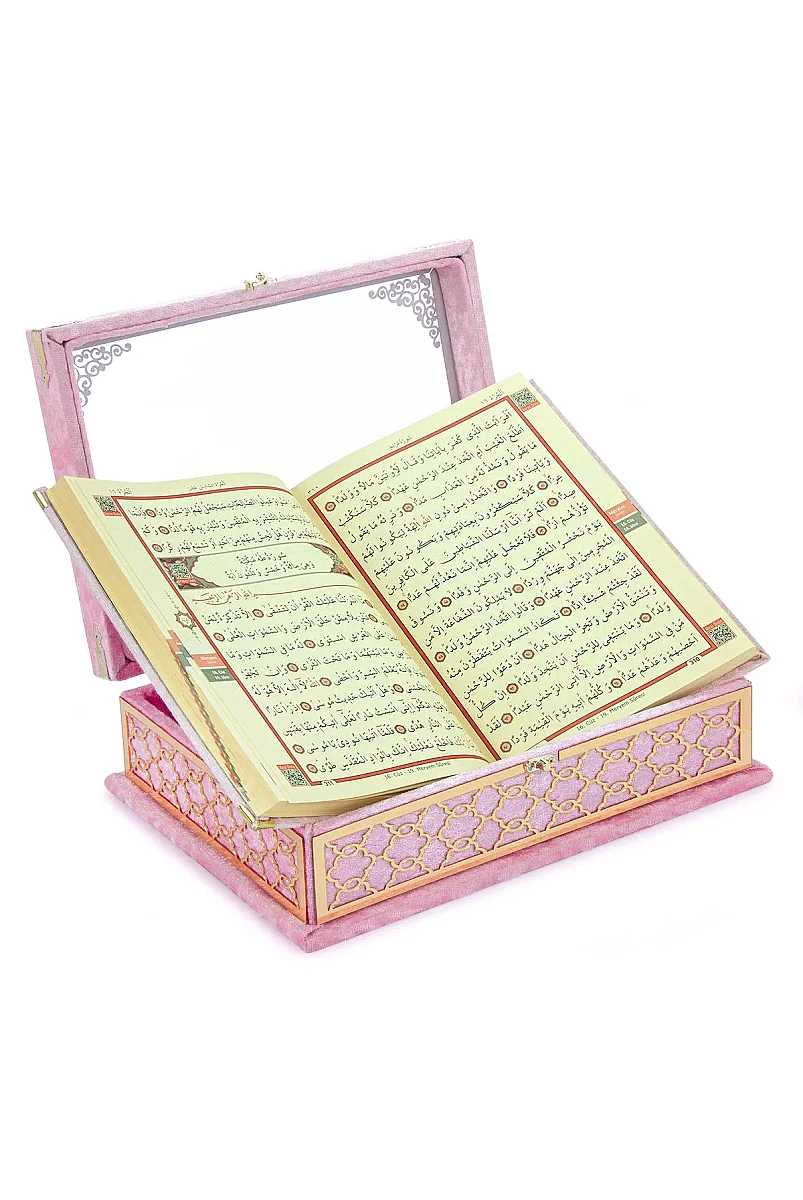 Kadife Kaplı - Şeffaf Lüks Sandıklı Kuranı Kerim - Hediyelik - Pembe - 4