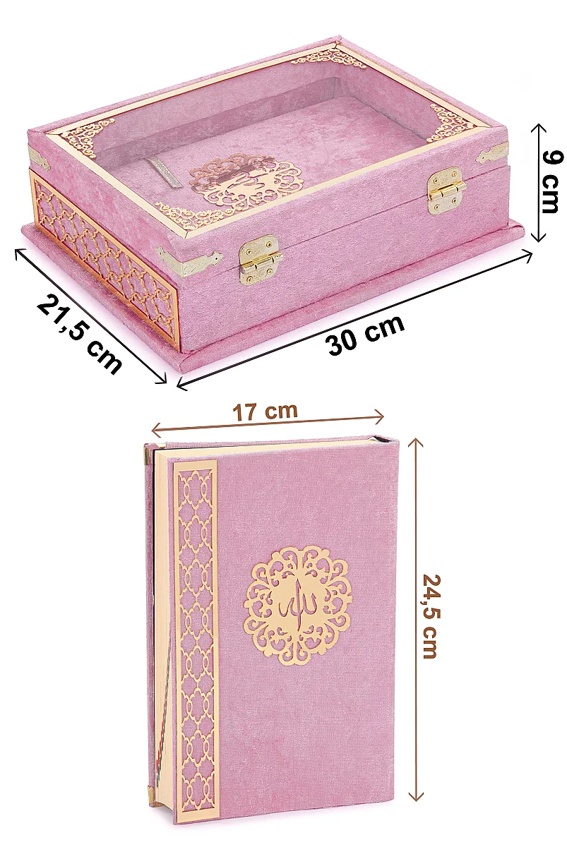 Kadife Kaplı - Şeffaf Lüks Sandıklı Kuranı Kerim - Hediyelik - Pembe - 2