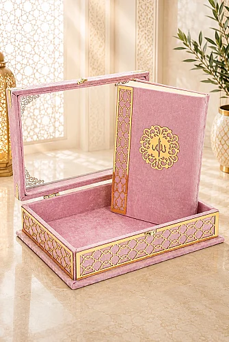 Kadife Kaplı - Şeffaf Lüks Sandıklı Kuranı Kerim - Hediyelik - Pembe 