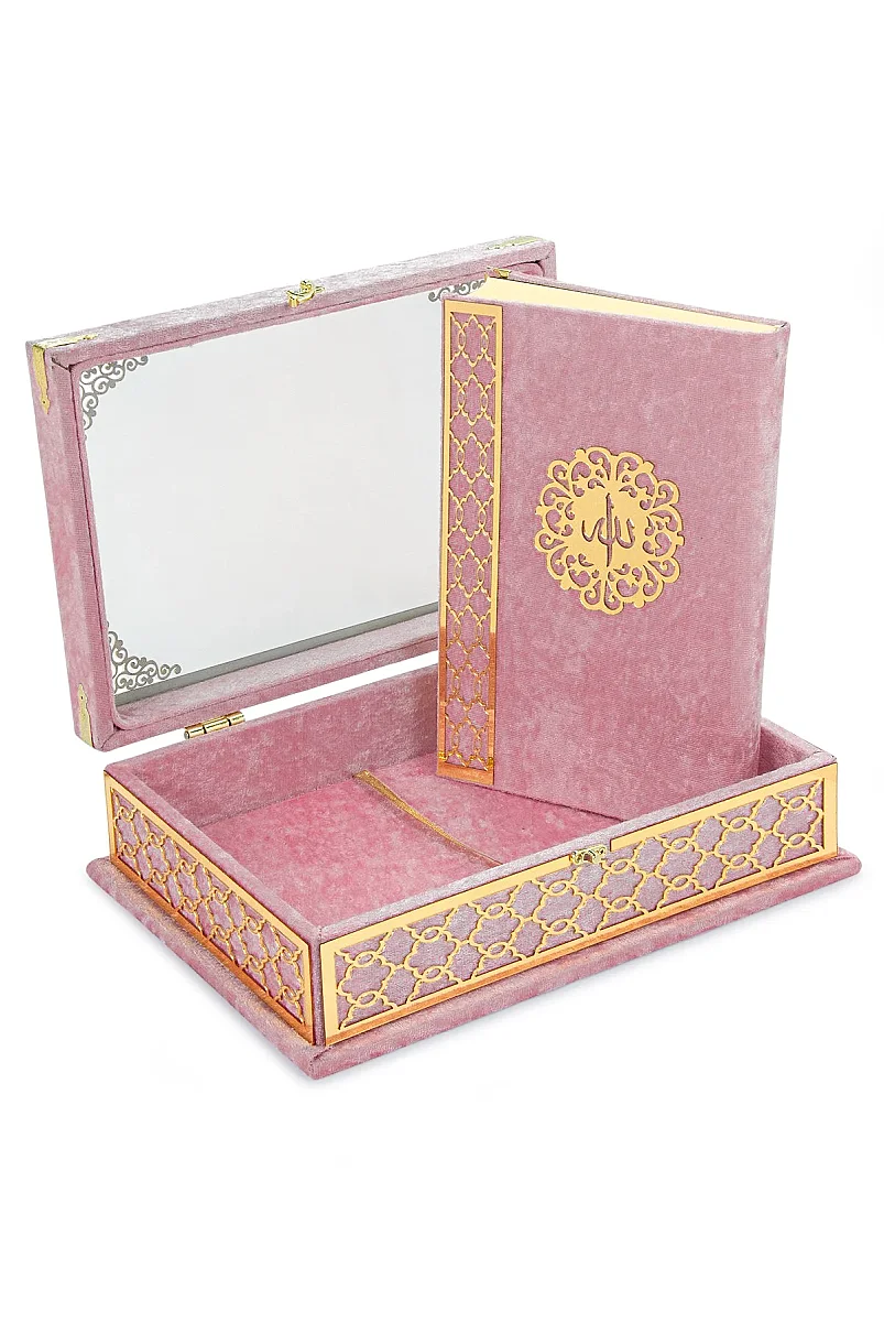 Kadife Kaplı - Şeffaf Lüks Sandıklı Kuranı Kerim - Hediyelik - Pembe - 8
