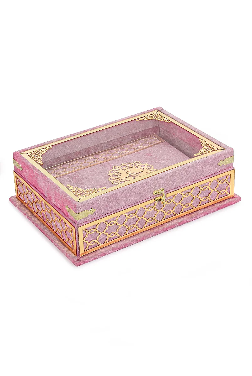 Kadife Kaplı - Şeffaf Lüks Sandıklı Kuranı Kerim - Hediyelik - Pembe - 9