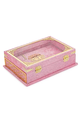 Kadife Kaplı - Şeffaf Lüks Sandıklı Kuranı Kerim - Hediyelik - Pembe - 10