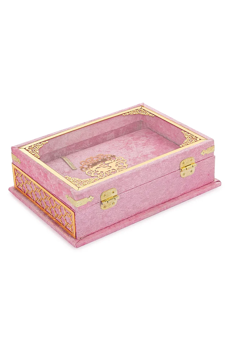 Kadife Kaplı - Şeffaf Lüks Sandıklı Kuranı Kerim - Hediyelik - Pembe - 10