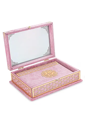 Kadife Kaplı - Şeffaf Lüks Sandıklı Kuranı Kerim - Hediyelik - Pembe - 3