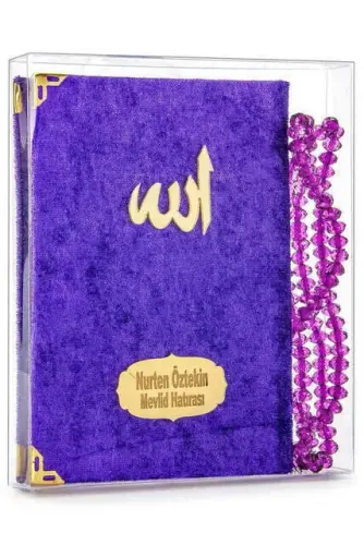 Kadife Kaplı Yasin Kitabı - Çanta Boy - İsim Baskılı Plaka - Tesbihli - Şeffaf Kutulu - Mor - Hediyelik Yasin Seti 