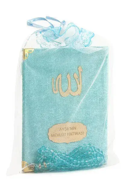 Kadife Kaplı Yasin Kitabı - Çanta Boy - İsme Özel Plakalı - Tesbihli - Keseli - Mavi Renk - Mevlüt Hediyeliği - 1