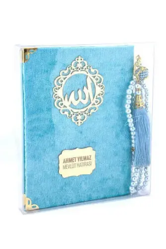 Kadife Kaplı Yasin Kitabı - Çanta Boy - İsme Özel Plakalı - Tesbihli - Kutulu - Mavi Renk - Mevlid Hediyeliği 
