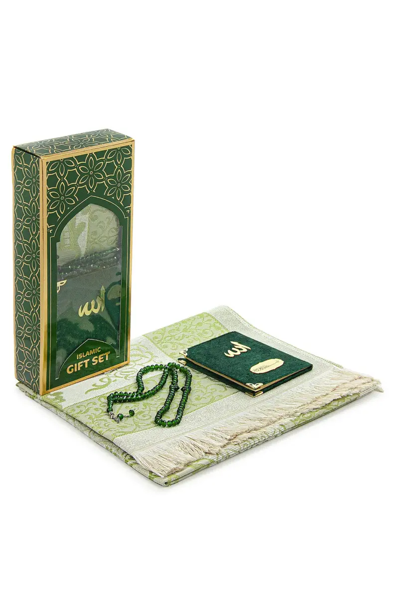 Kadife Kaplı Yasini Şerif Kitabı Tesbih Seccade Seti Yeşil - 1