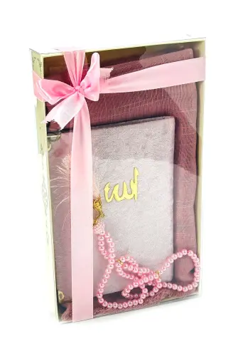 Kadife Kaplı Yasinli Örtülü 3lü set Pembe - 1