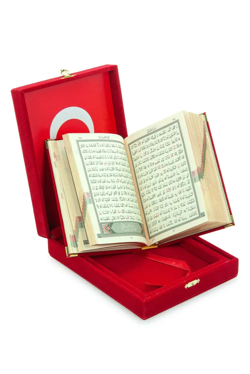 Kadife Kutulu Kuran-ı Kerim (Çanta Boy, Ayyıldız, Kırmızı) - 2