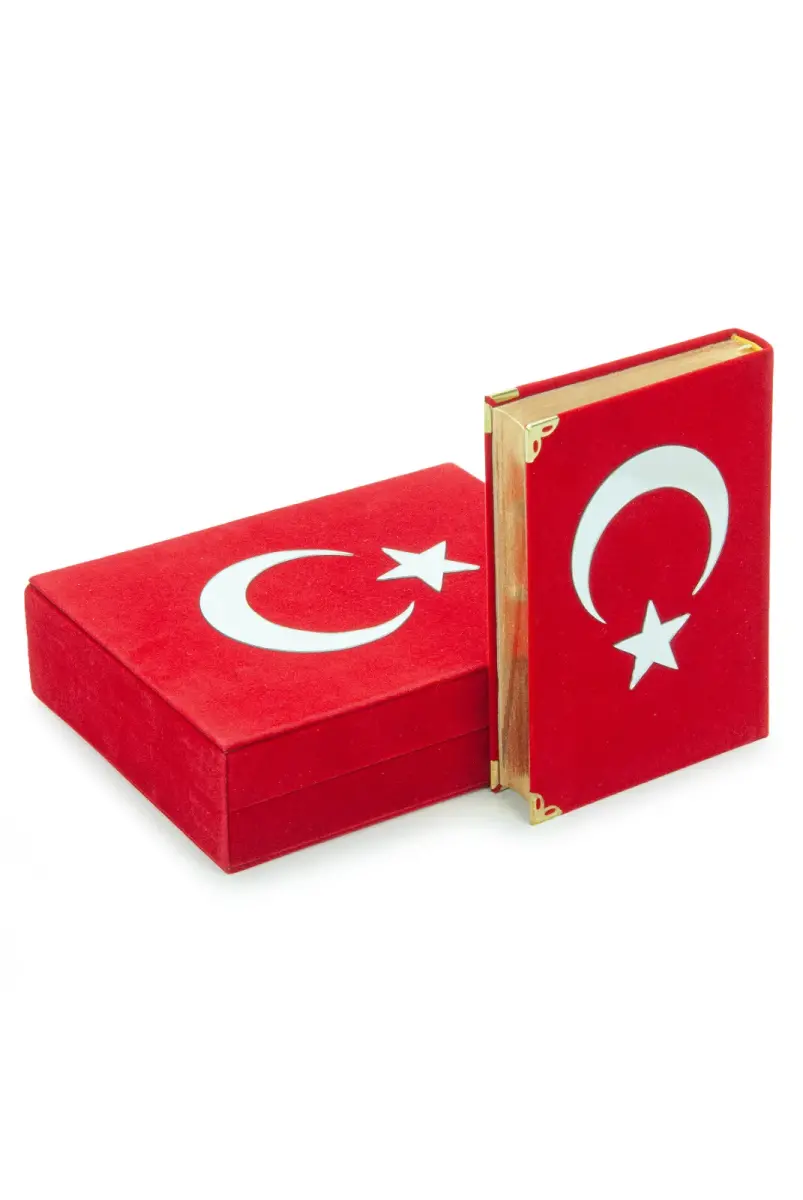 Kadife Kutulu Kuran-ı Kerim (Çanta Boy, Ayyıldız, Kırmızı) - 6