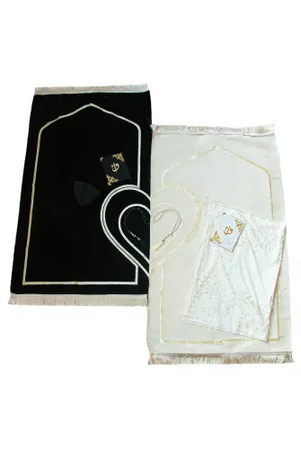 Kadife Sandıklı Damat Gelin Bohçasına Uygun Çeyizlik Kalpli Çift Seccade Seti - ihvanonline (1)