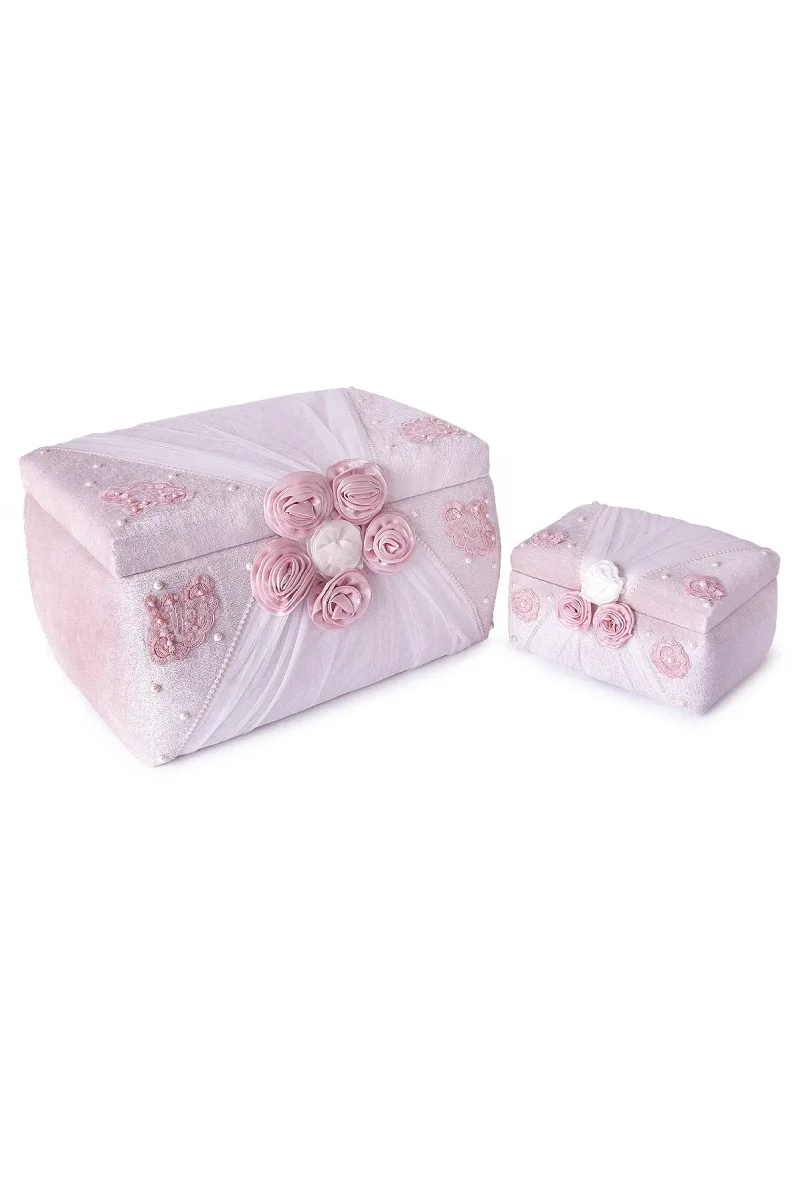 Kadife Süngerli Güllü Dantelli Söz Nişan Düğün Çeyizlik Gelin Bohça Sandık Seti (Büyük+Küçük) - Pudra/Beyaz - 1
