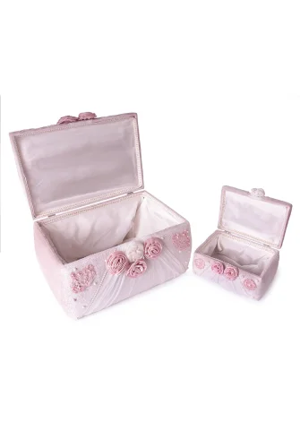 Kadife Süngerli Güllü Dantelli Söz Nişan Düğün Çeyizlik Gelin Bohça Sandık Seti (Büyük+Küçük) - Pudra/Beyaz - İhvan (1)
