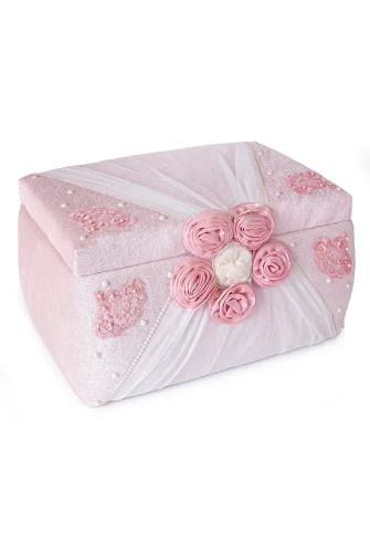 Kadife Süngerli Güllü Dantelli Söz Nişan Düğün Çeyizlik Gelin Bohça Sandık Seti (Büyük+Küçük) - Pudra/Beyaz - 3